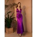 Angel-fashions Plunge V Neck Beading Backless A-line Satin Prom Dresses Purple 559
