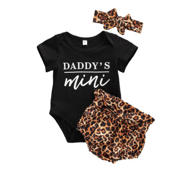 2020 Baby Summer Clothing 0-18M Newborn Baby Girl Set Short Sleeve Letter Print Jumpsuit Top + Bow Leopard Short Headband 3Pcs