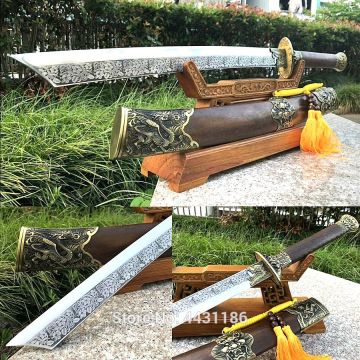 Chinese KungFu Broadsword Dao Sword Dragon/Tiger Qing Knife High Manganese Steel Blade Sharp Cut Bamboo Battle Ready