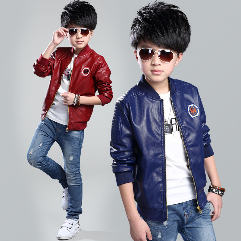 Top Quality Spring Leather Boys Jacket And Coat Waterproof Fashion Pattern O-Neck Black Kids Blazers Jackets Free Shipping