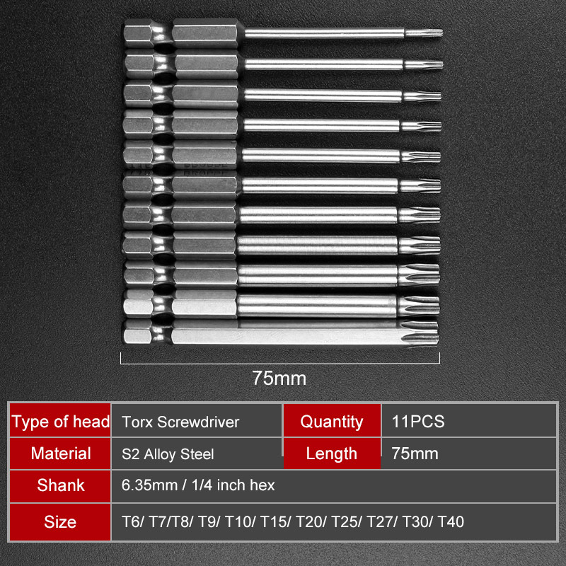 BROPPE 11pcs/set 75mm Torx Hex Tri-Wing Spanner Cross-head Bits Bits Set Sturdy Chrome Vanadium Steel Screwdriver Bit Head Set