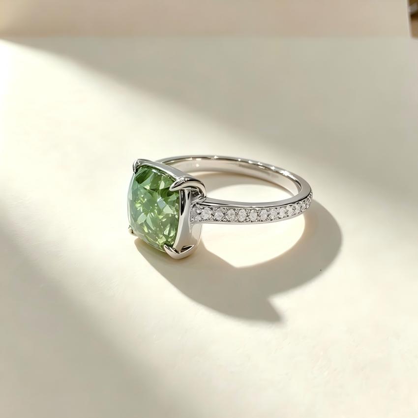 Side view of an 18K white gold green cushion ring with four-claw basket