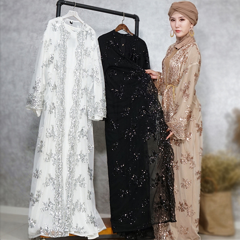 Floral Sequin Abaya Kimono Cardigan Hijab Muslim Dress Turkish Islamic Clothing Abayas For Women Dubai Kaftan Robe Islam Caftan