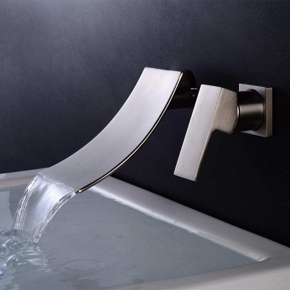 Bathtub Faucet Chrome/Black Brass Wall Mount Waterfall Bathroom Faucet Big Square Spout Single Lever Vanity Sink Mixer A1007