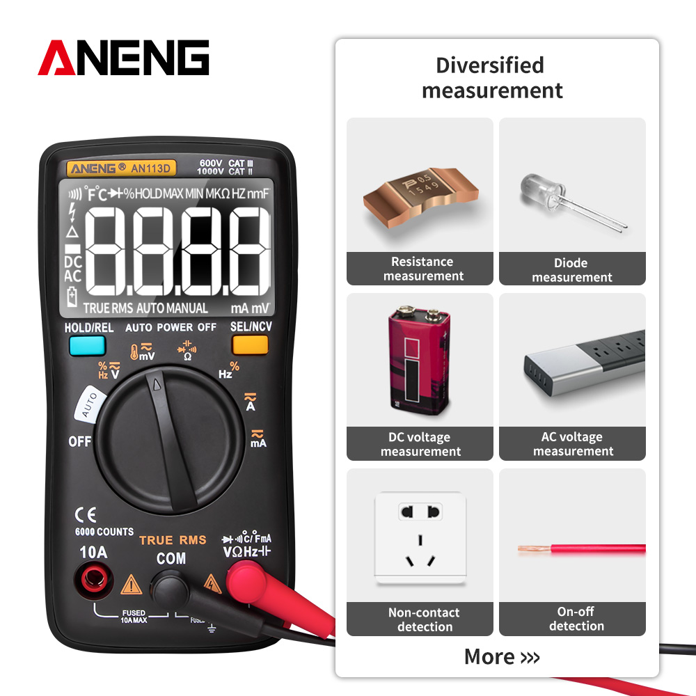 ANENG AN113D Electrical Digital Professional Multimeter 6000 Count Meter Transistor Tester Rang ACDC Voltage Current Detector