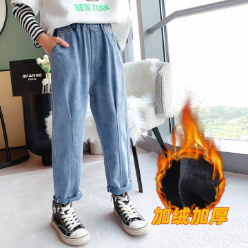 New Winter Girls Jeans Thicken Teen Jeans Warm Kids Trousers Elastic Waist Demin Pants For Children Causal Loose Girls Jeans