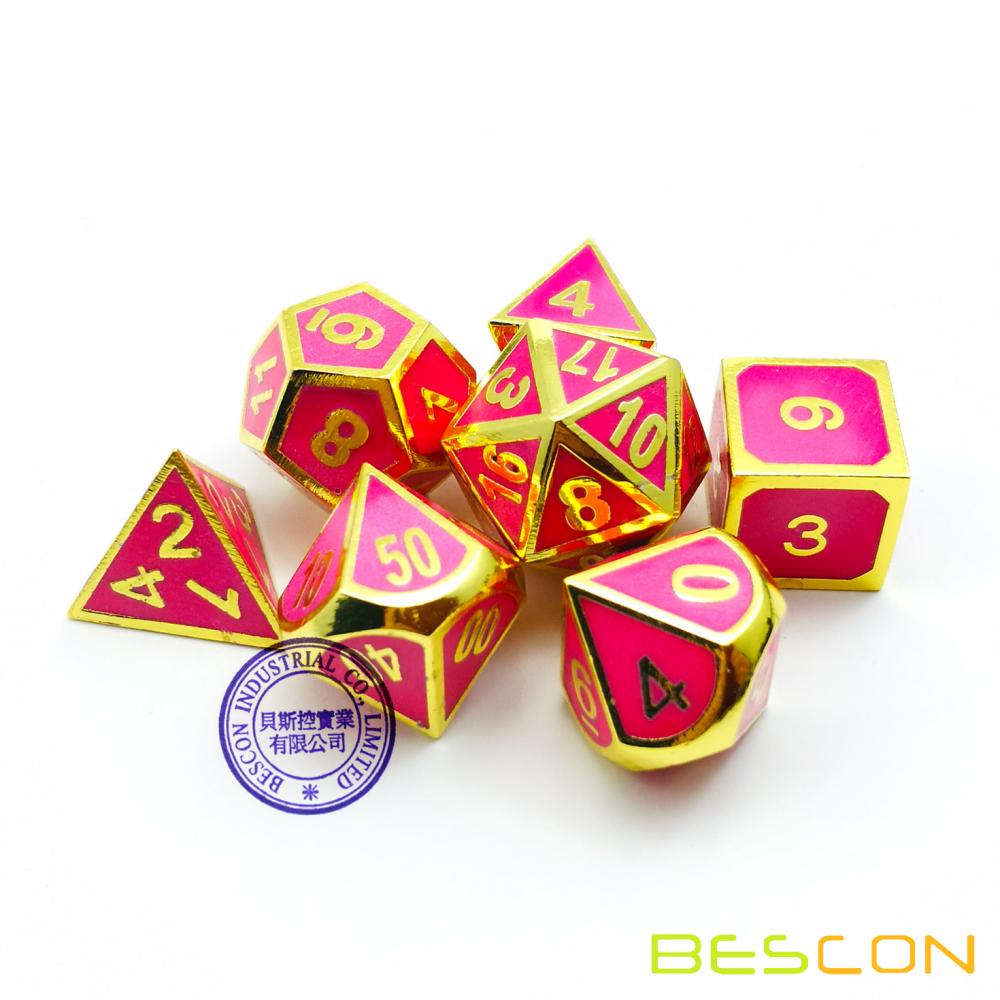 Bescon Super Glow in the Dark Metal Polyhedral Dice Set Golden and Rose, Luminous Metallic RPG Role Playing Game Dice 7pcs Set