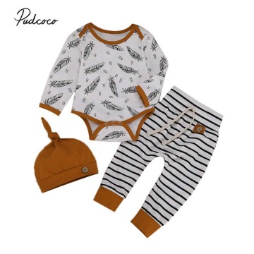 2019 Baby Spring Autumn Clothing Toddler Kids Baby Girl Boy Clothes Feather Romper Tops Striped Pants Hat Outfit Set Tracksuit
