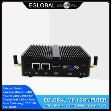 Eglobal Fanless Mini PC Intel Celeron J4105 2LAN 2COM Small Industrial Computer Windows 8/10 HTPC 16GB DDR4 RAM HDMI VGA