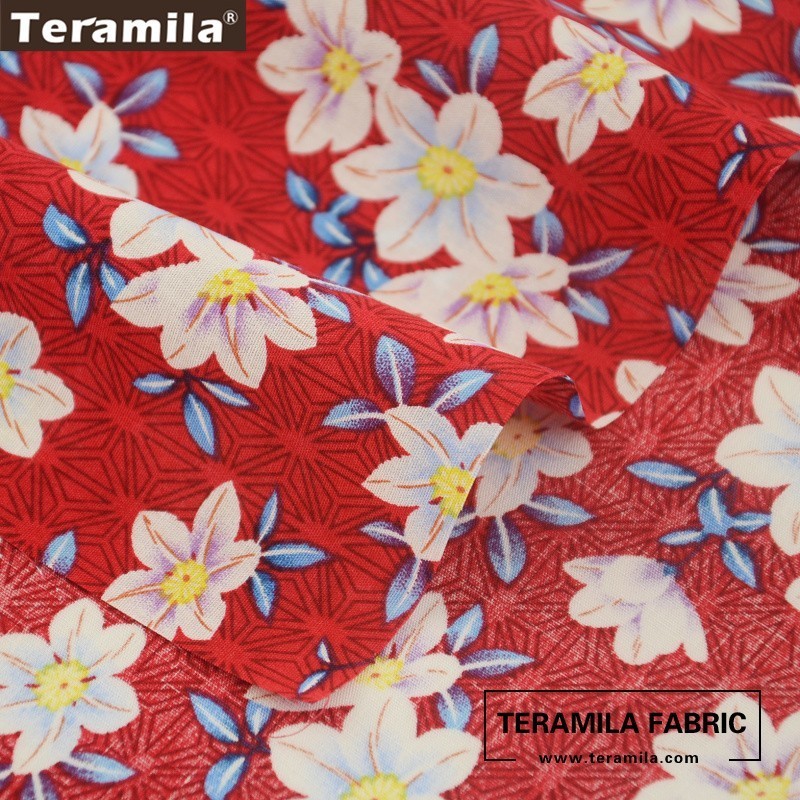 Teramila Cotton Poplin Fabric Red Fat Quarter Meter Textile Tissue Printed Lily Flowes Style Cloth Dress Shirt Quilting tecido