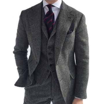 Grey Men's Winter Retro Groom Wear Wedding Suit Business Suit Party Suit Herringbone Pattern Tweed 3Pieces(Jacket+Pants+Vest)