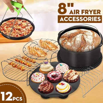 12pcs Set Air Fryer Accessories 8 Inch Fit for Air Fryer 5.2-5.8QT Baking Basket Pizza Plate Grill Pot Kitchen Cooking Tools