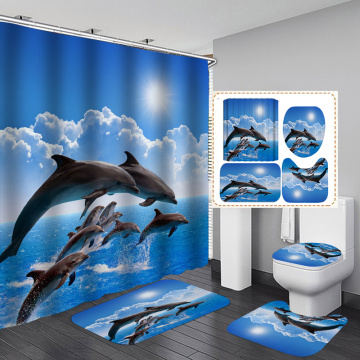 3D Ocean Design Dolphin Waterproof Fabric Bathroom Curtain Shower Curtains Set Anti-skid Rugs Toilet Lid Cover Bath Mat