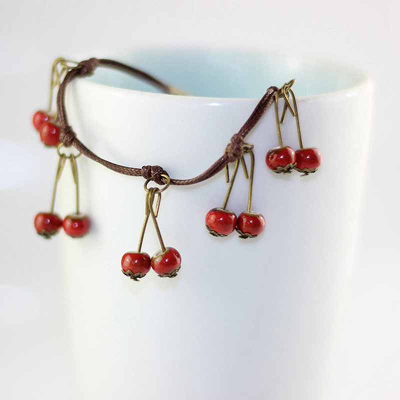 Creative Handmade Jewelry Sweet Small Fresh Cherry Fruit Ceramic Bracelet Simple Vintage Ethnic Style Girl Women Accessories
