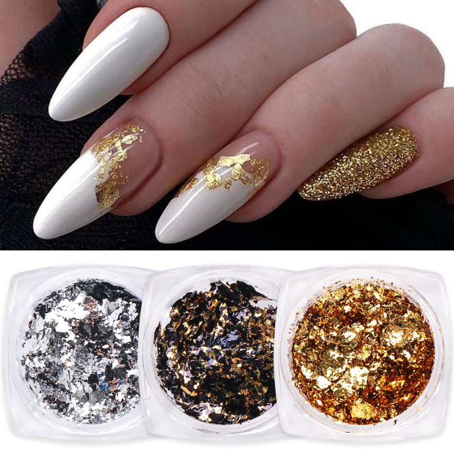 1 Box Gold Glitter Flakes Irregular Aluminum Foil Sequins For Nails Chrome Powder Winter Manicure Nail Art Decorations LY1858