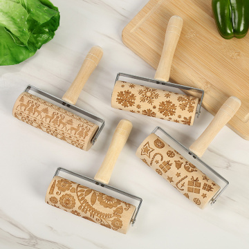 Practical Print Solid Wood Engraving Embossing Rolling Pin For Home Kitchen Christmas Pattern Roller Baking Tool with Handle