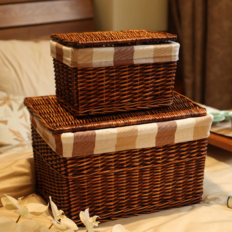 Classic Handwoven Household Storage Wicker Basket with Lid for Clothes Sundries Pastoral Home Rattan Laundry Basket with Liners