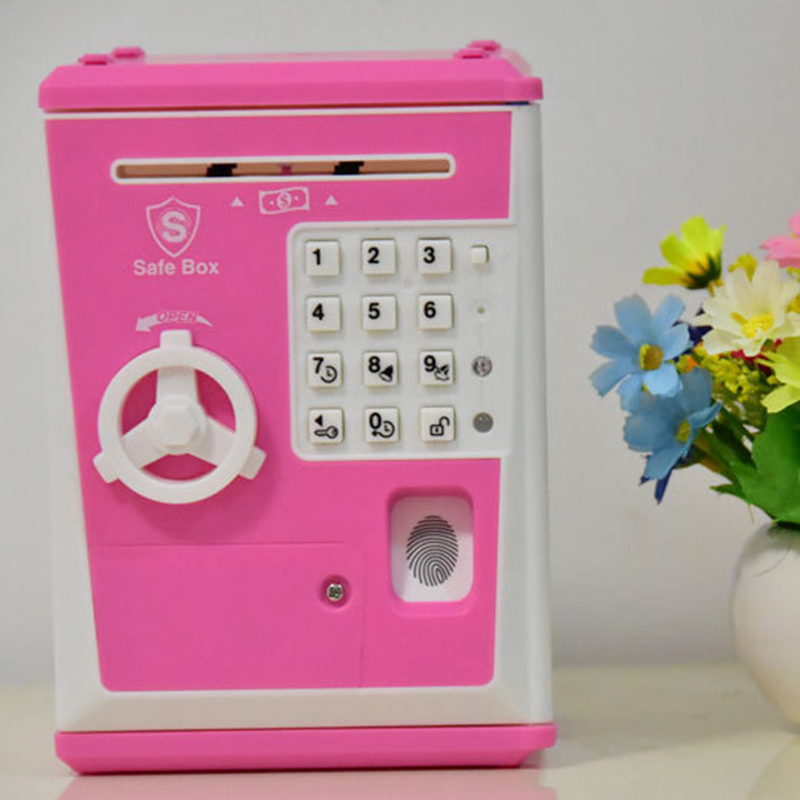 Fingerprint Electronic Piggy Bank ATM Password Money Box Cash Coin Saving Box for Kids Birthday Christmas Gift Pink