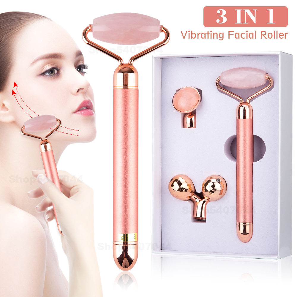 3In1 Vibrating Facial Roller Rose Quartz Electric Jade Roller 3D Face Lift Kit Anti-Aging Beauty Bar Skin Care Tool For Face Eye