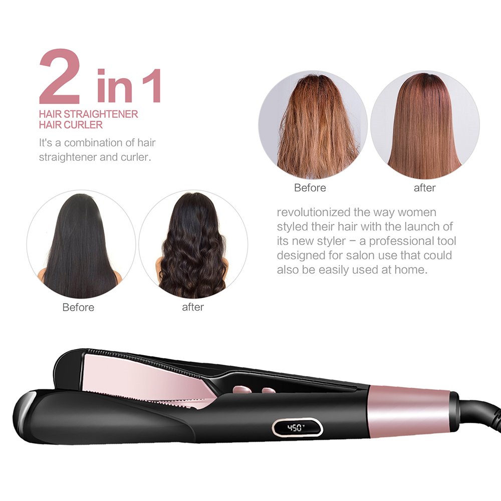 2-in-1 Hair Straightener and Hair Curler Ceramic Coated Flat Iron Straightening Irons Hair Crimper Curling Iron Perming&Straight