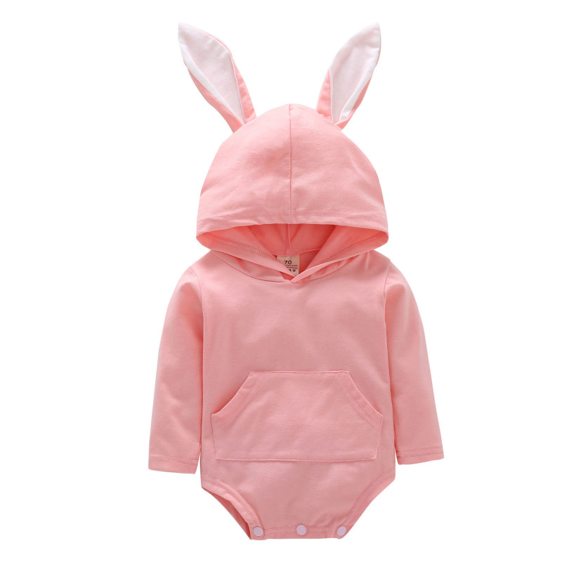 2020 Brand New 0-24M Newborn Infant Baby Boy Girl Easter Bodysuit Longsleeve Solid Color Bunny Ear Hooded Tail Jumpsuit Playsuit