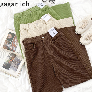 Gagarich Women Casual Pants Retro Vintage Corduroy Autumn High Waist Loose Slim Solid Casual All-match Straight-Leg Pants