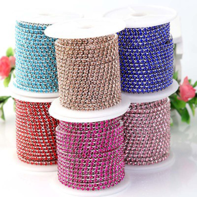 1Meter/lot Sewing Crystal Rhinestone Chain SS6 SS8 SS10 SS12 Silver Base Claw Gule on Rhinestone Trim DIY Beauty Accessories