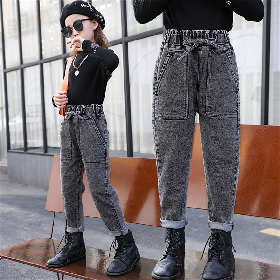 2020 Spring Kids Jeans Girl Solid Jeans For Girls Fashion Bow Girls Jeans Pants Autumn Casual Girls Clothes 6 8 10 12 Year