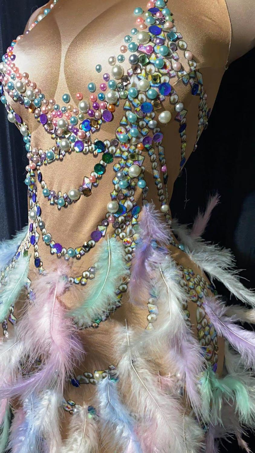 Sexy Stage Multi-color Rhinestone Pearl Sequin Feather Slit Feather Dress Prom Birthday Celebrate Dress Women Dancer Show Dress