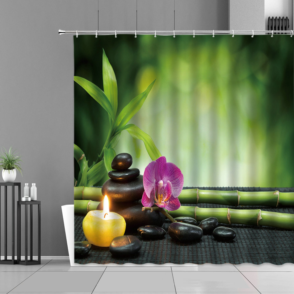 Zen Bamboo Bird Printing Shower Curtains Green Plant Leaves Bathroom Decor Hanging Curtain Natural Landscape Waterproof Screen