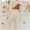 Knitted Ribbed Cropped Backless Women's Suits Autumn Long Sleeve Pullover Female Set 2021 New Casual Ladies Pants 2 Piece Sets