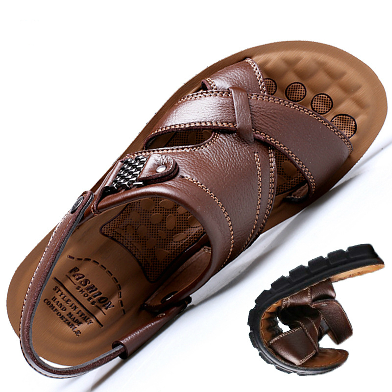 Genuine Leather Men's Sandals Open Toe Slip On Fashion Casual Shoes Men Men Slippers Roman Summer Beach Sandals Plus Size 38-48