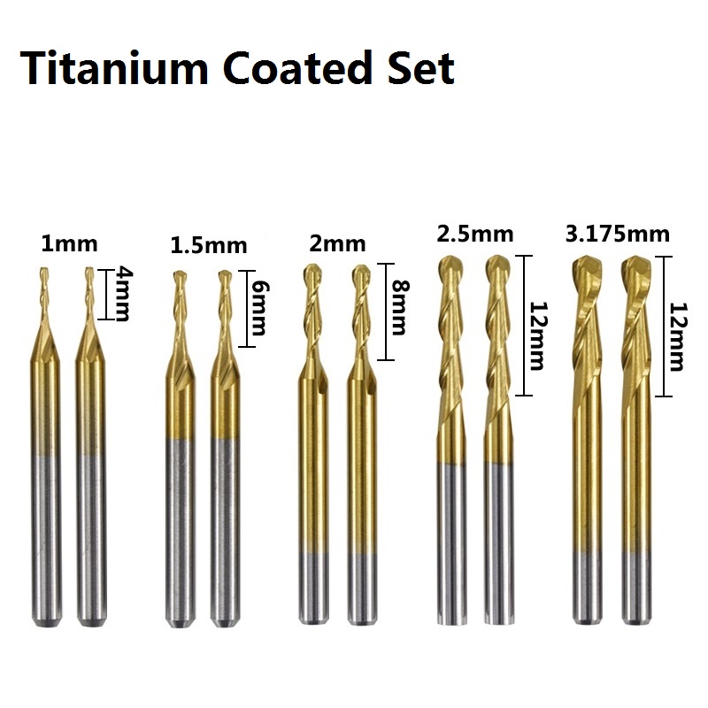 10pcs 1.0/1.5/2.0/2.5/3.175mm Ball Nose End Mill 1/8'' Shank Titanium Coated Carbide End Mill CNC Wood Milling Engraving Bit