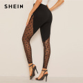 SHEIN Wide Waistband Star Mesh Panel Leggings 2019 Black Contrast Mesh Sheer Spring Summer Galaxy Pattern Sexy Women Leggings