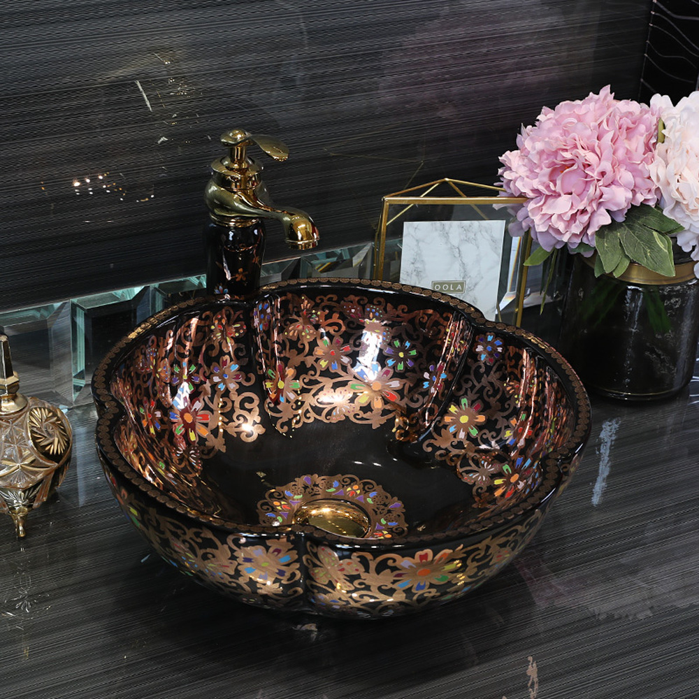 Flower shape Jingdezhen factory directly ceramic hand painted hand wash basin bathroom sinks black with gold pattern LO613424