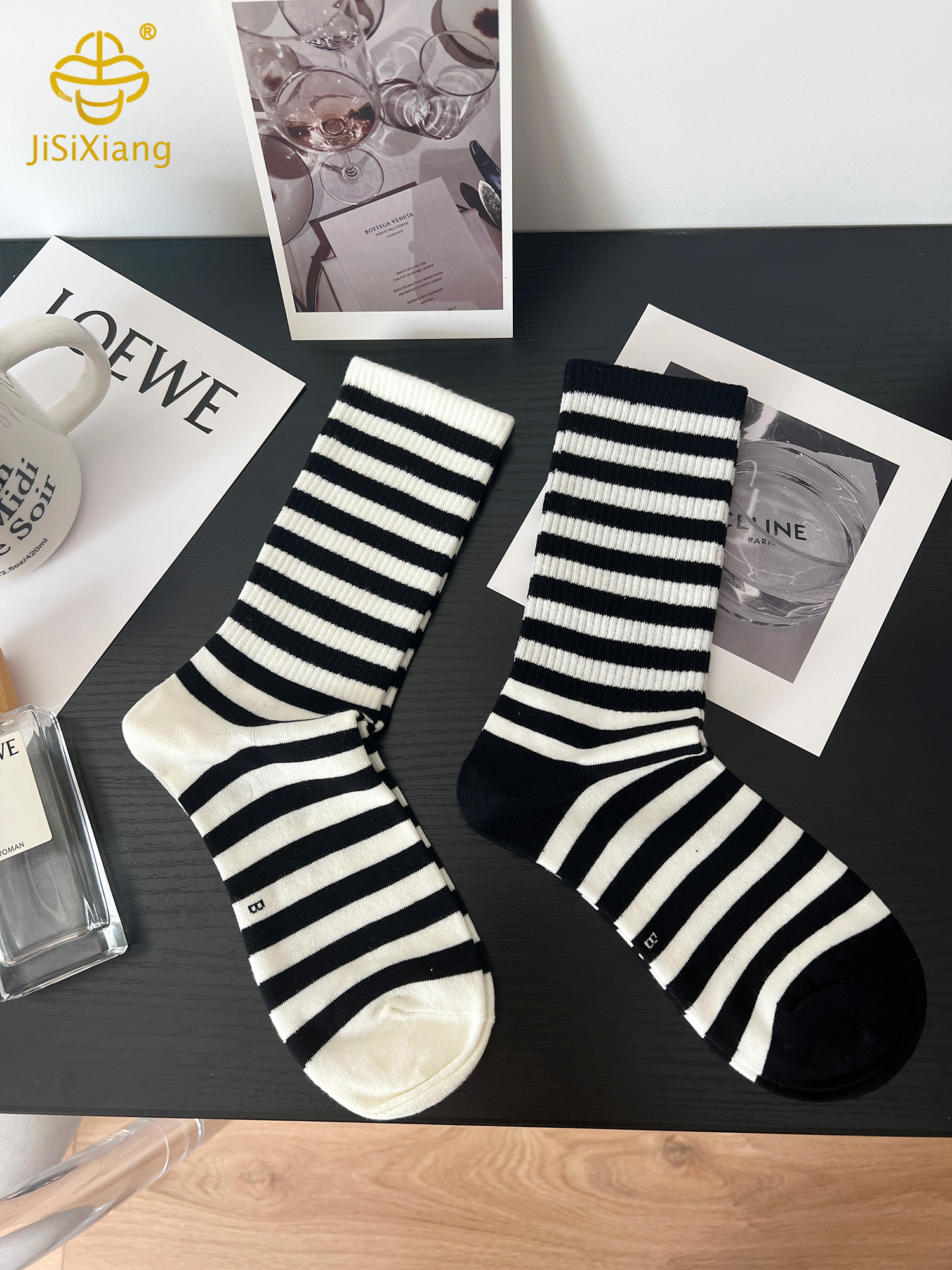 Korean black and white striped mid length socks