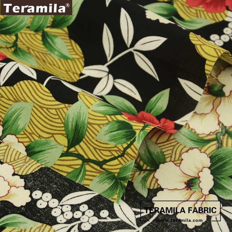 Teramila Cotton Poplin Fabric Soft High Quality Black Cloth Blooming Flower Style Handwork Shirt Patchwork Fat Quarter Meter