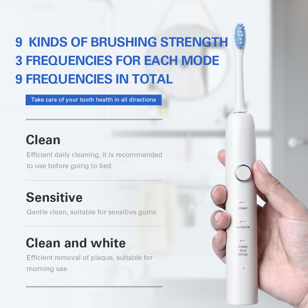 New 9 Functions Sonic Electric Toothbrush USB Inductive Charging with 3 Brush Heads+1 Face Clean Brush Adults Tooth Whitening