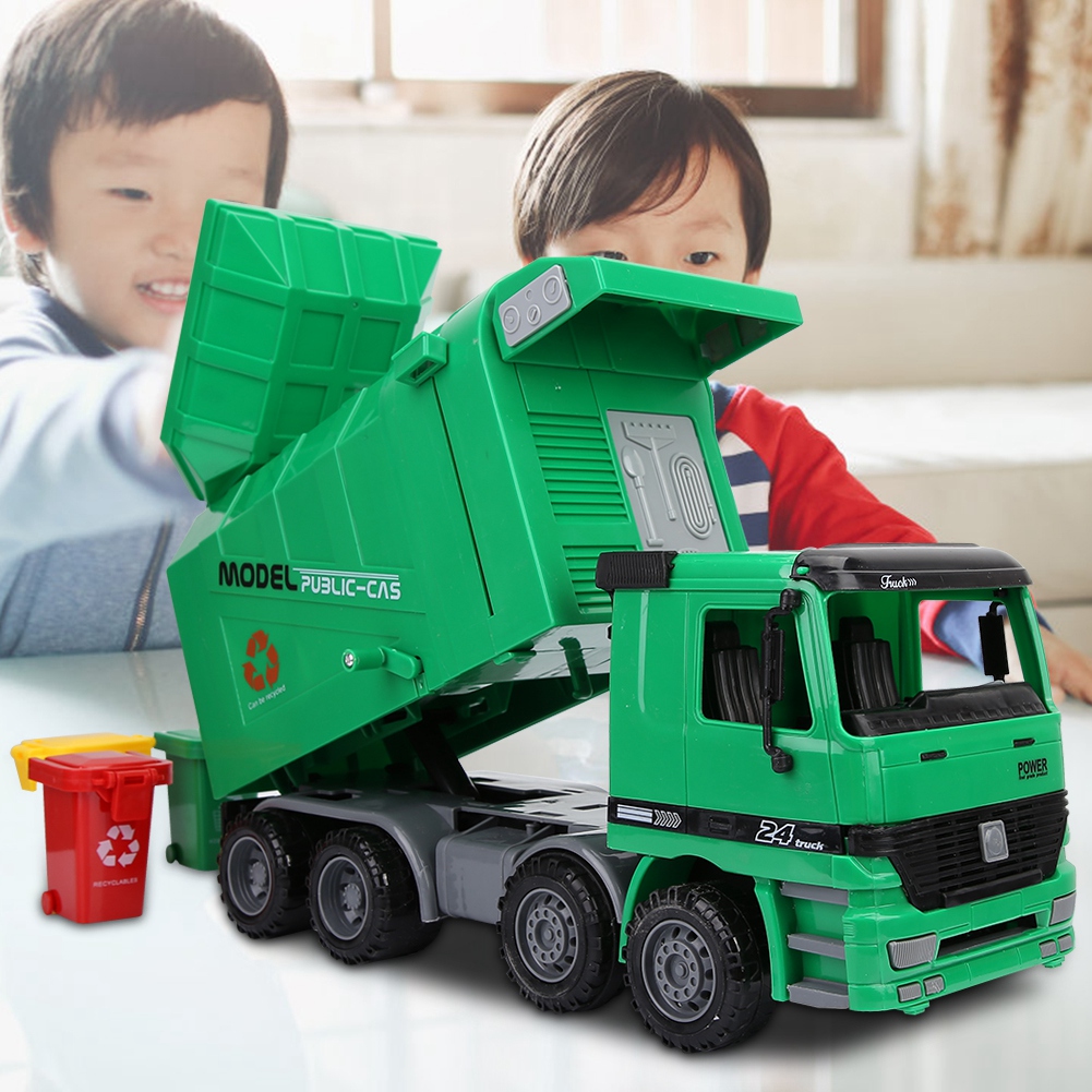 Children Simulation Inertia Garbage Truck Sanitation Car Model Toy with Three Trash Can Kid Inertia Engineering Cleaning Car Toy