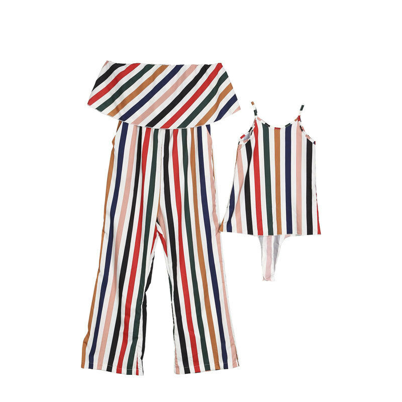 Family Matching Outfits 2019 Summer Striped Mother and Daughter Clothes Mom Off-shoulder Ruffle Long Jumpsuit Kids Girls Dresses