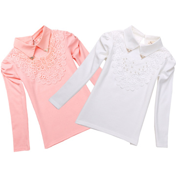 School Girls Beautiful Blouse Shirts New Autumn Fashion Kids Solid Turn-Down Lace Flower Blouses High Quality Children Cotton