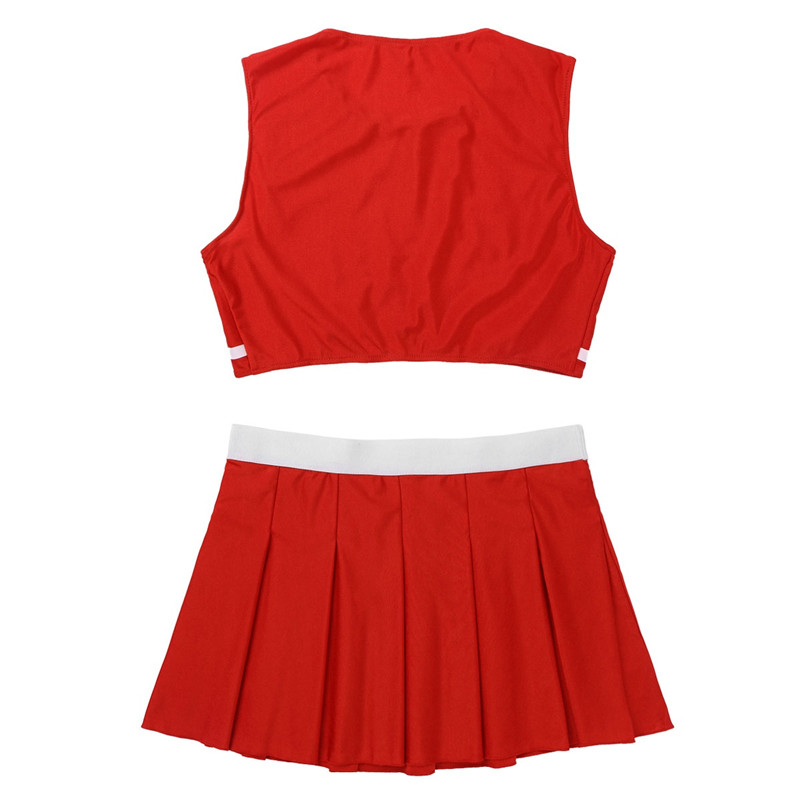 2Pcs Women Adult Charming Cheerleader Uniform Set Stage Cosplay Costume Round Neck Sleeveless Crop Top with Mini Pleated Skirt