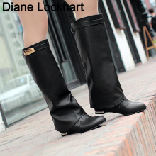 Women Boots Buckle Belt Flock Leather Low Heel Women's Boot Autumn Winter Loose Shoes Female Black Booties knee high Boots 33-43