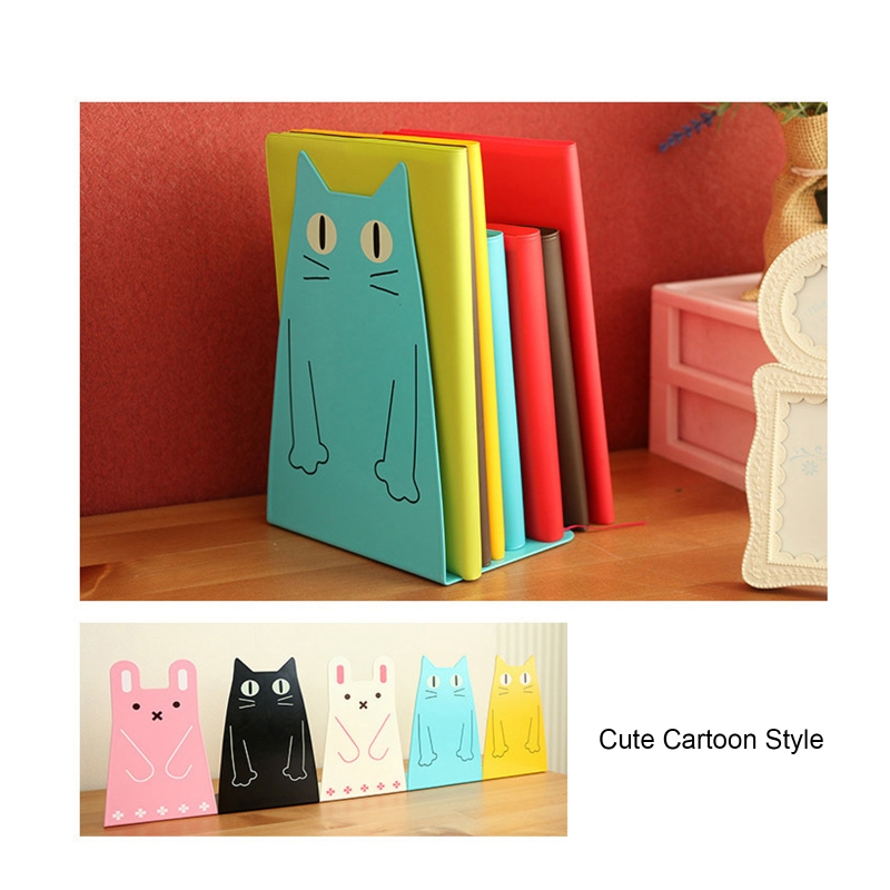 1 Pair Cartoon Cat Metal Bookend Book Stand Support Desktop Office Magazine Organizer Non Slip Rack Shelf Holder