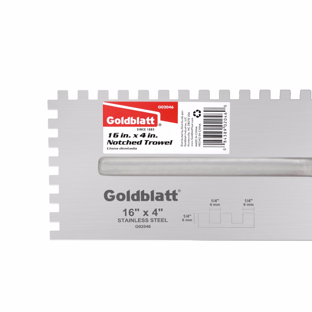 Goldblatt Plaster Trowel 16-in x 4-in Notched Trowel Stainless Steel Soft Handle 1/4 X 1/4 X 1/4 SQ