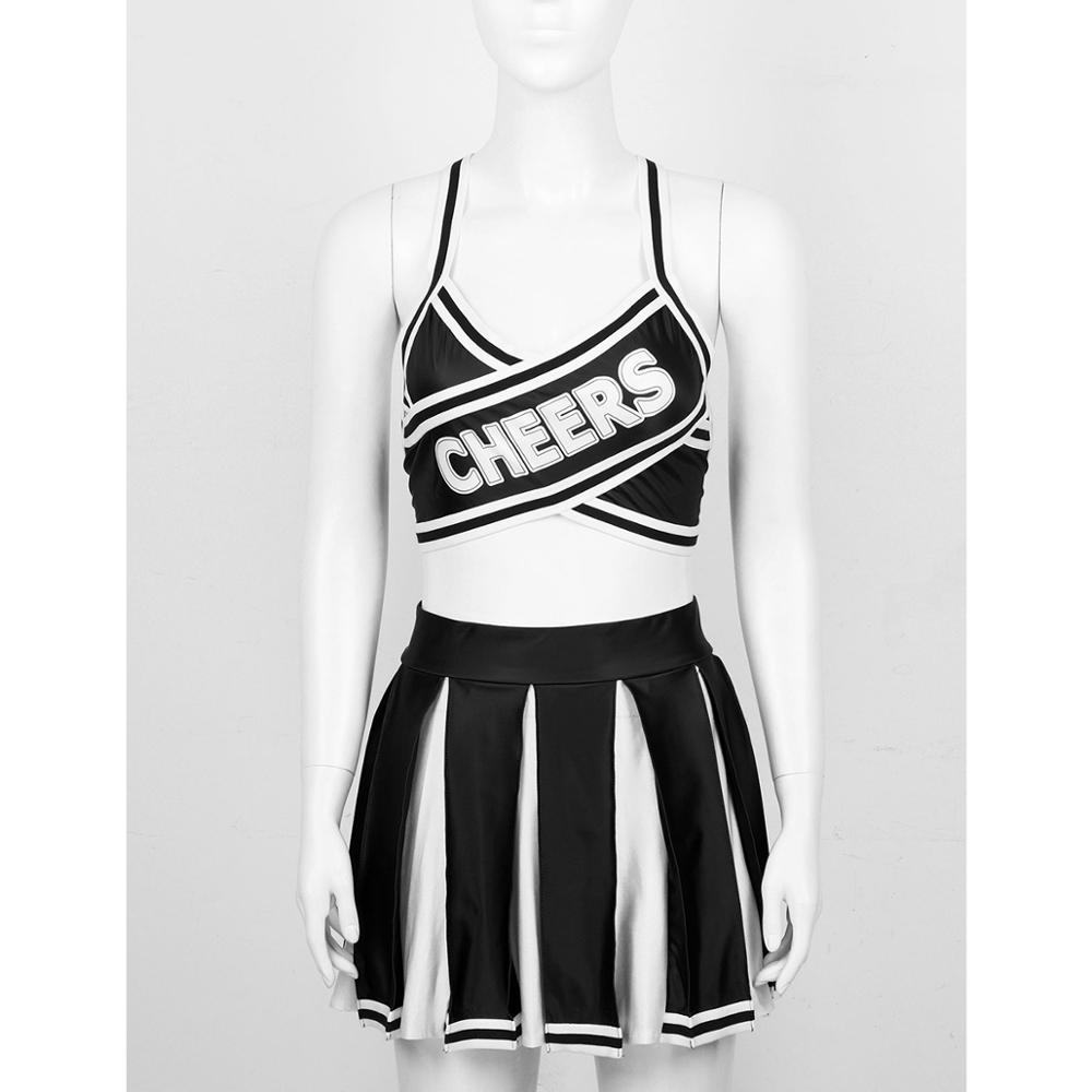 2Pcs Women Cheerleading Uniforms Outfit Elastic Striped Straps Crop Top with High Waist Pleated Skirt Adults Cheerleader Costume