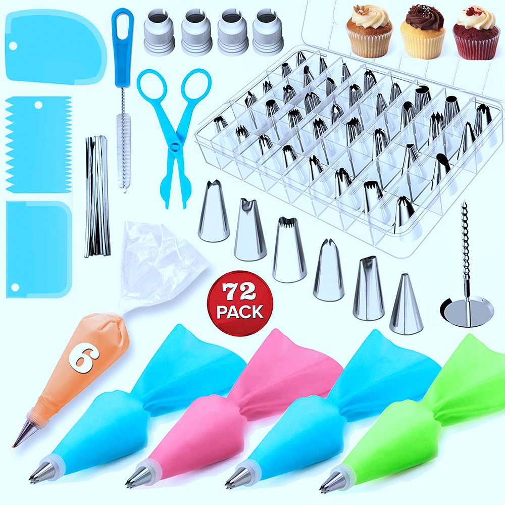 72pcs Cake Decorating Supplies Sets with Icing Tips Pastry Bags Smoother Nozzles Coupler DIY Baking Tools