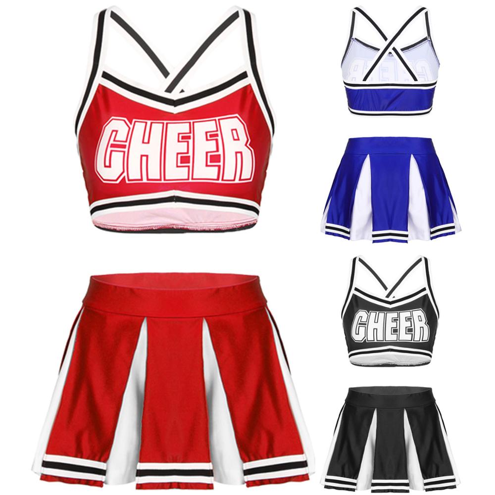 2Pcs Women Adults Cheerleader Costume Outfit Sleeveless Crop Top with High Waist Mini Pleated Skirt Female Cheerleading Uniforms