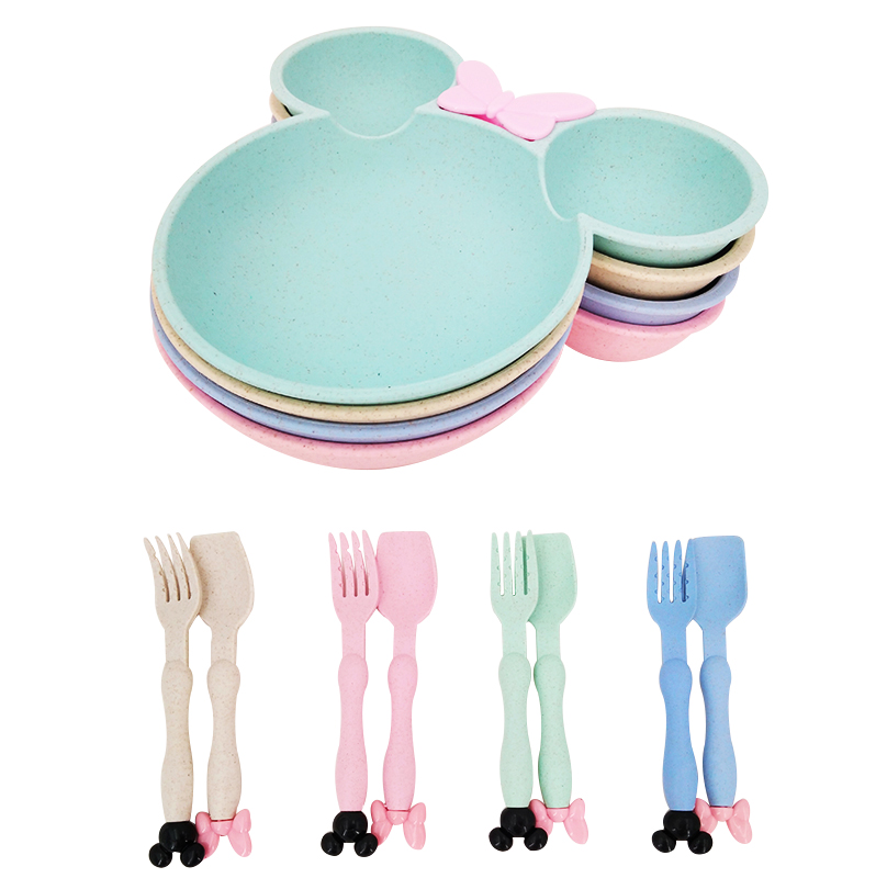 3pcs Wheat Straw Baby Cartoon Tableware Set Children's Dishes Kids Dinner Platos Baby Feeding Plate Training Bowl Spoon Fork