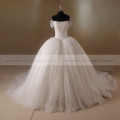 Luxurious Straight Neckline Cap Sleeve Lace Beaded Bodice Sequins Tulle Ball Gown Wedding Dress